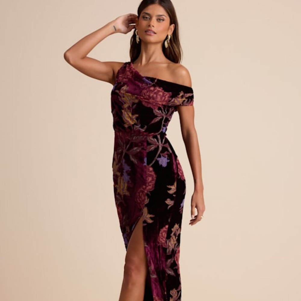 Lulus Marnella Burgundy Floral Velvet Burnout Asymmetrical Maxi Dress Red